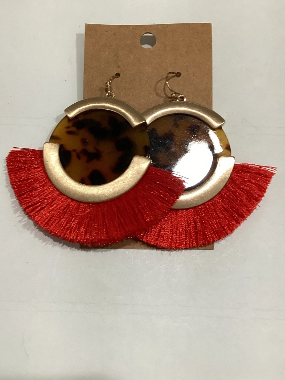Red Tasseled Statement Earrings with Tortoiseshell Accent